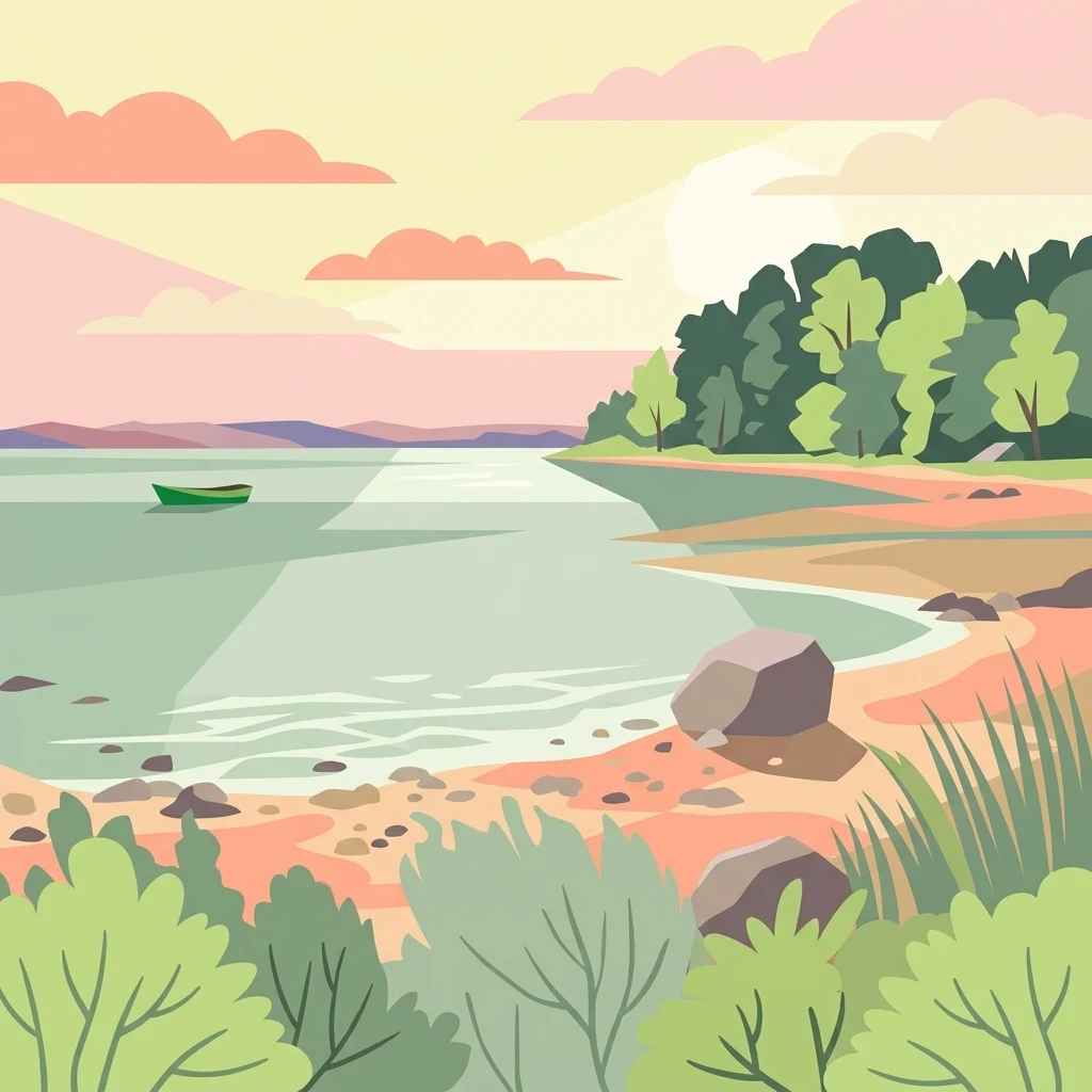 A flat-style digital illustration depicting a calm lake with a small rowboat, a sandy rocky shoreline, and lush green trees under a sunset sky.