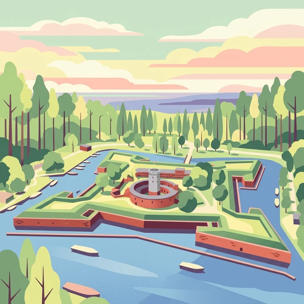 A stylized, colorful illustration showing an aerial view of a star shaped fortress with a central round tower, surrounded by a moat, trees, and a body of water with boats.