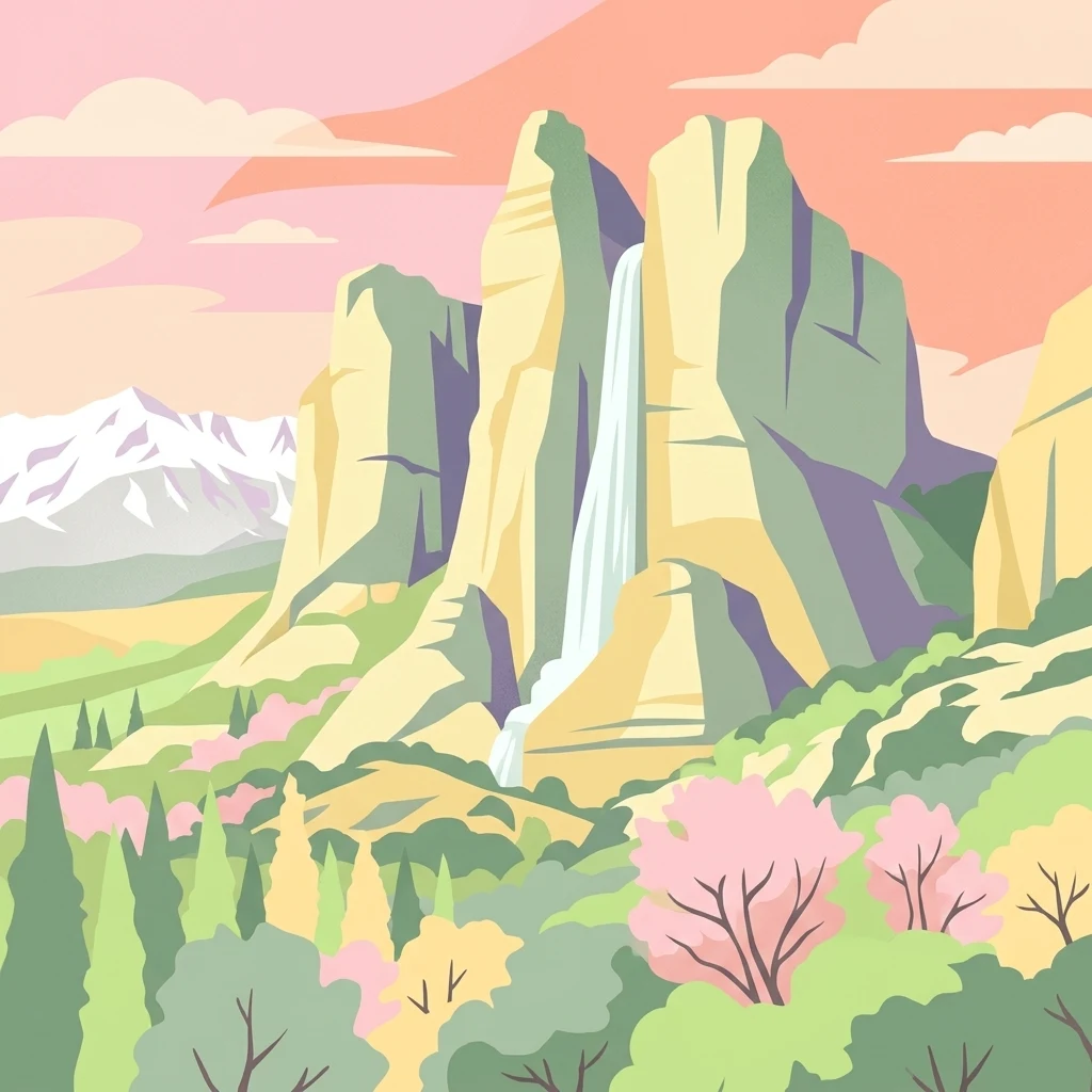 A stylized vector illustration of towering rocky cliffs with a waterfall cascading between them, set against a background of snow-capped mountains and a sunset sky, with a foreground of colorful trees.