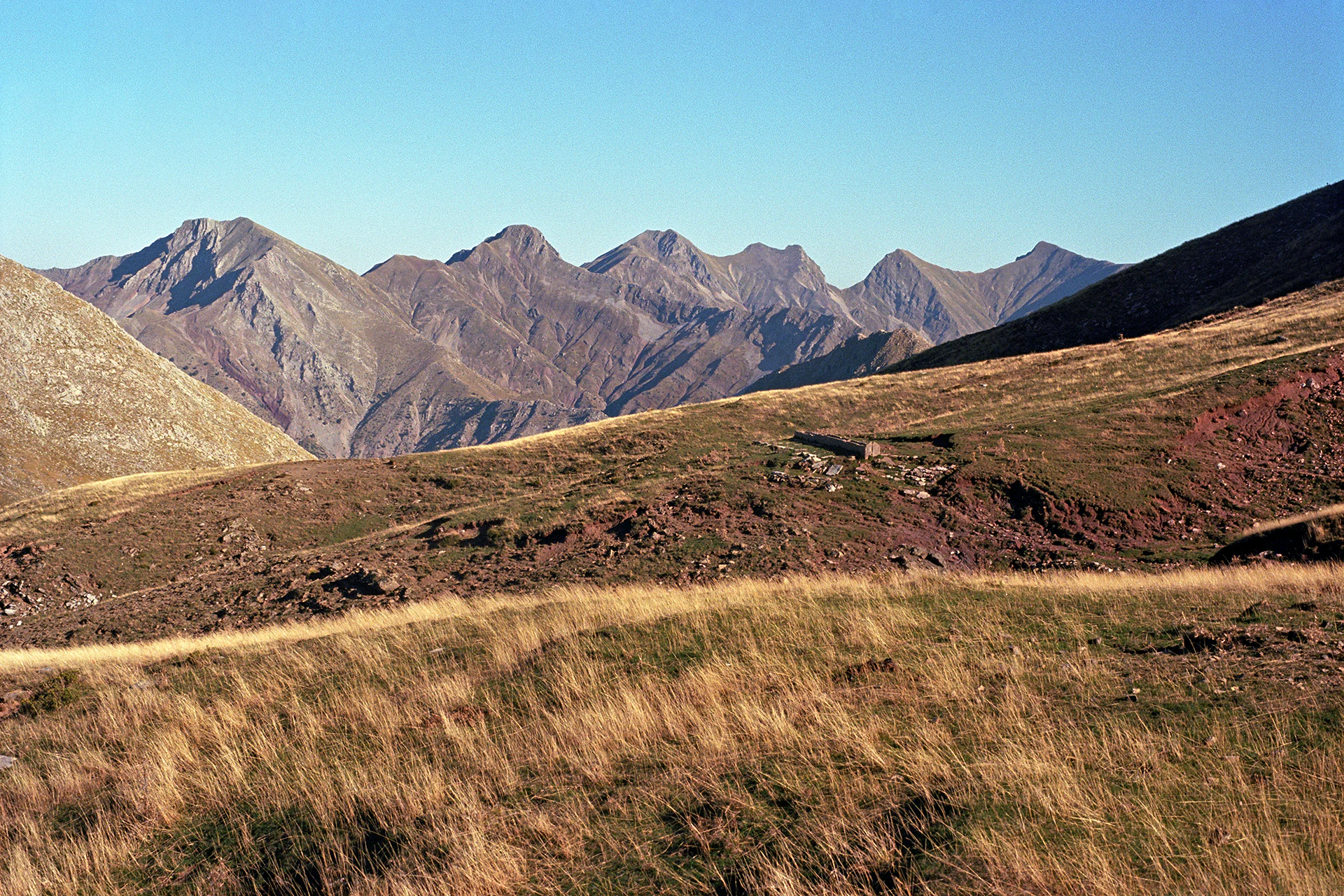 A panoramic mountain range under a clear blue sky, viewed over a grassy alpine slope with earthy, reddish-brown tones.
