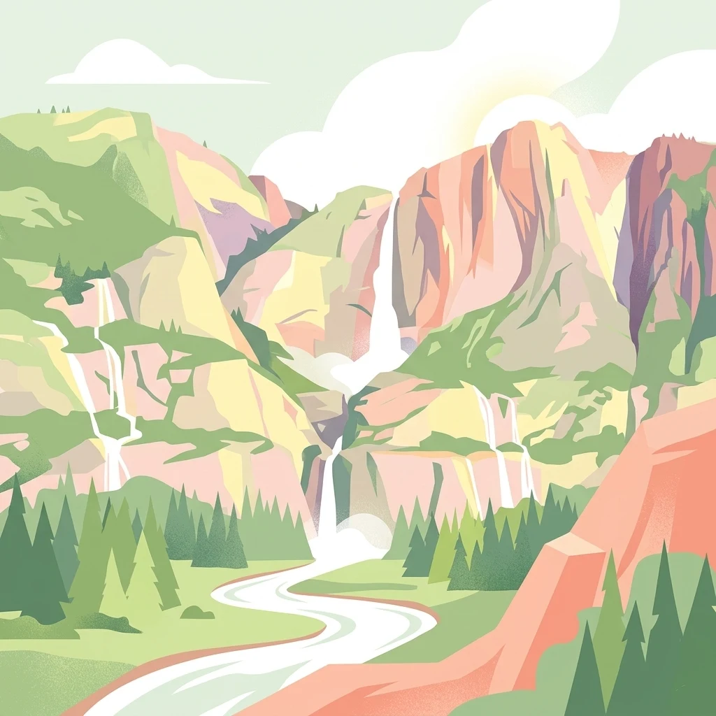 Ilustración estilizada de un valle montañoso que muestra múltiples cascadas que caen por acantilados rocosos hacia un río sinuoso, rodeado por bosques de pinos verdes bajo un cielo nublado.