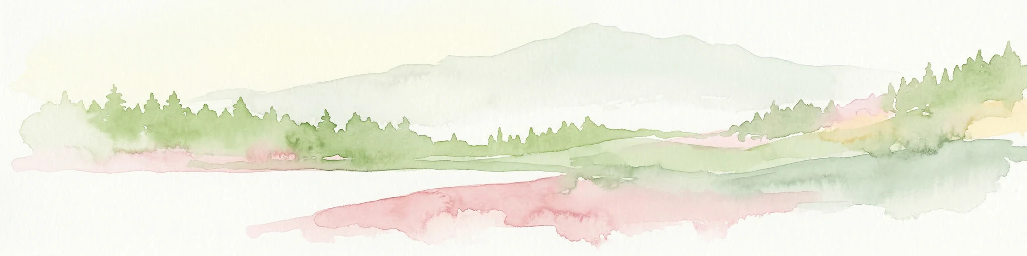 Watercolor painting of a landscape featuring green forests, distant mountains, and a body of water in the foreground