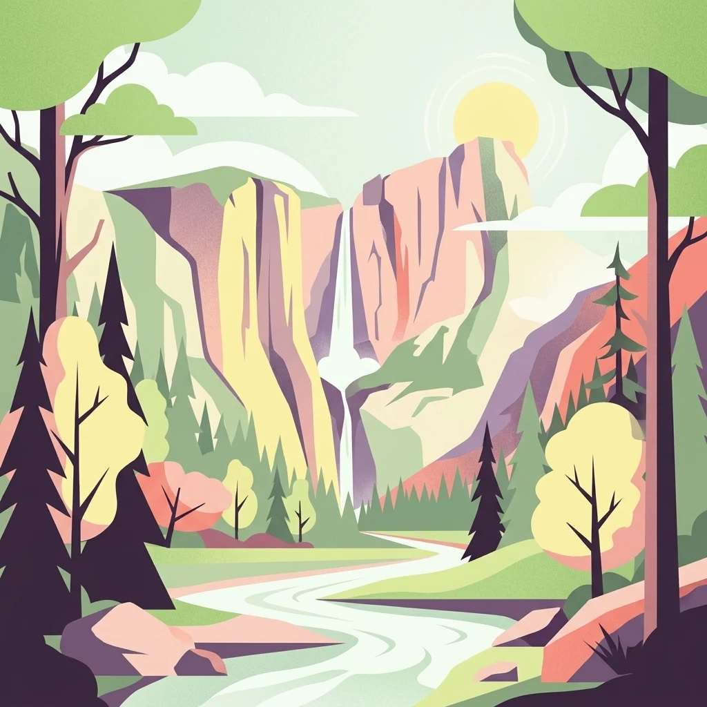 A flat-style digital illustration showing a winding river leading toward a waterfall cascading down a large rocky cliff face, surrounded by pine trees and deciduous trees in a vibrant color palette.