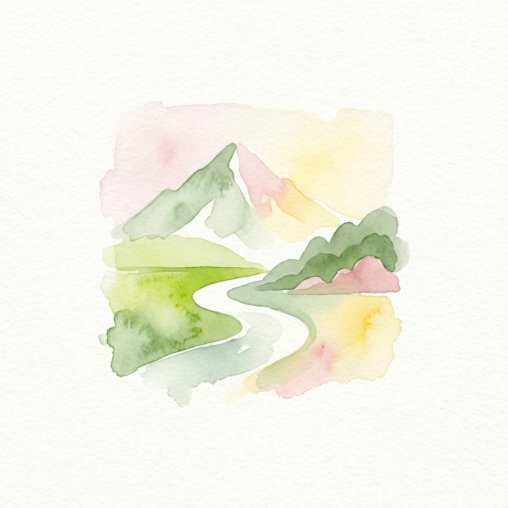 Watercolor illustration of a mountainous landscape with a winding river, green valleys, and a pink and yellow sky