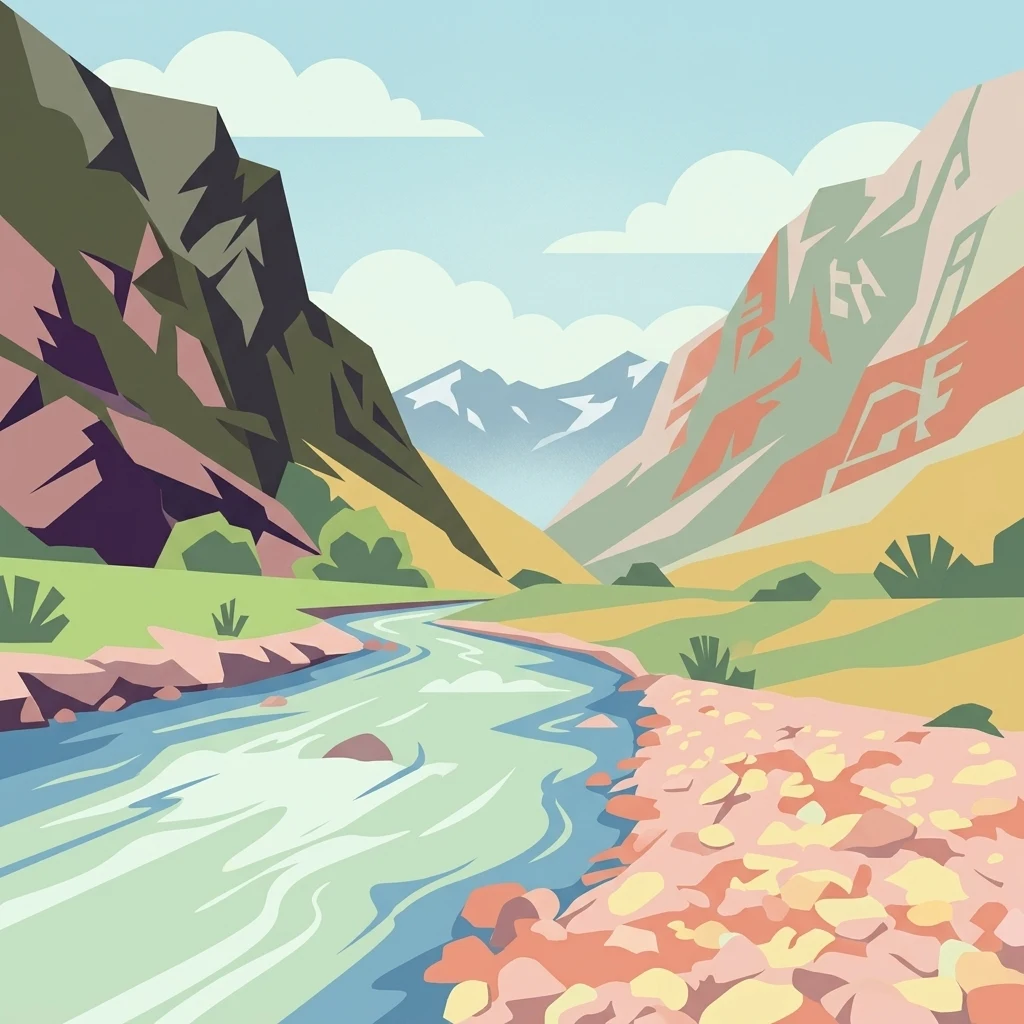 Ilustración estilizada de un río que fluye a través de un valle montañoso con orillas rocosas, vegetación verde y picos montañosos bajo un cielo despejado