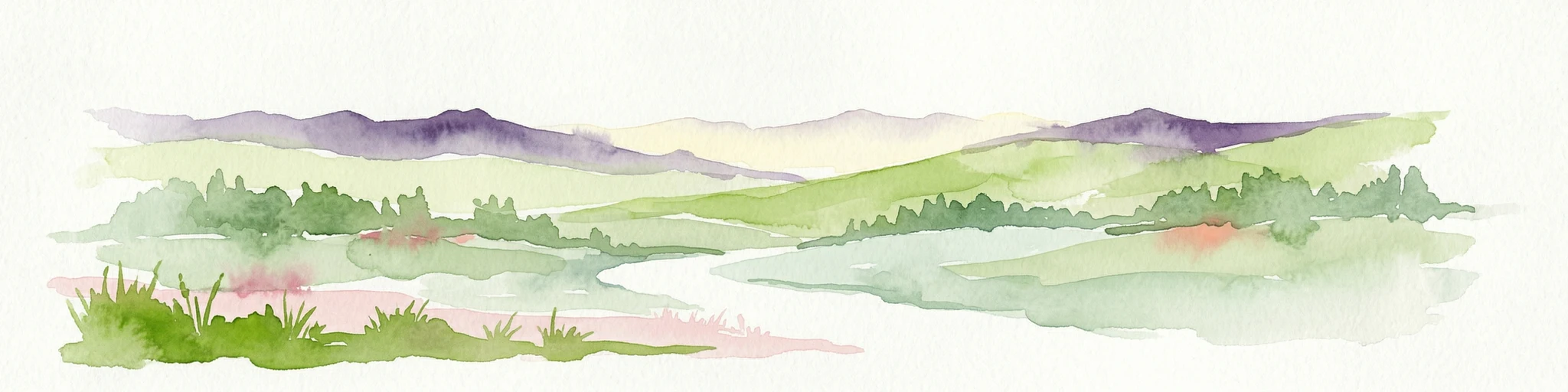 Watercolor illustration of a mountainous landscape with green valleys, a winding river, and distant purple mountains