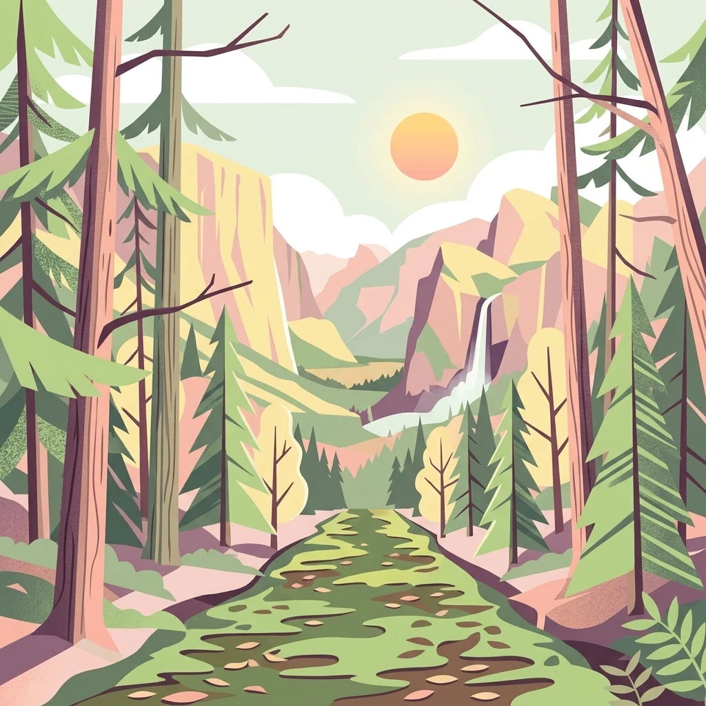 Una ilustración digital estilizada de un valle pintoresco con altos pinos en primer plano, un sendero serpenteante que conduce hacia montañas lejanas y una cascada que cae por un acantilado bajo un sol suave.