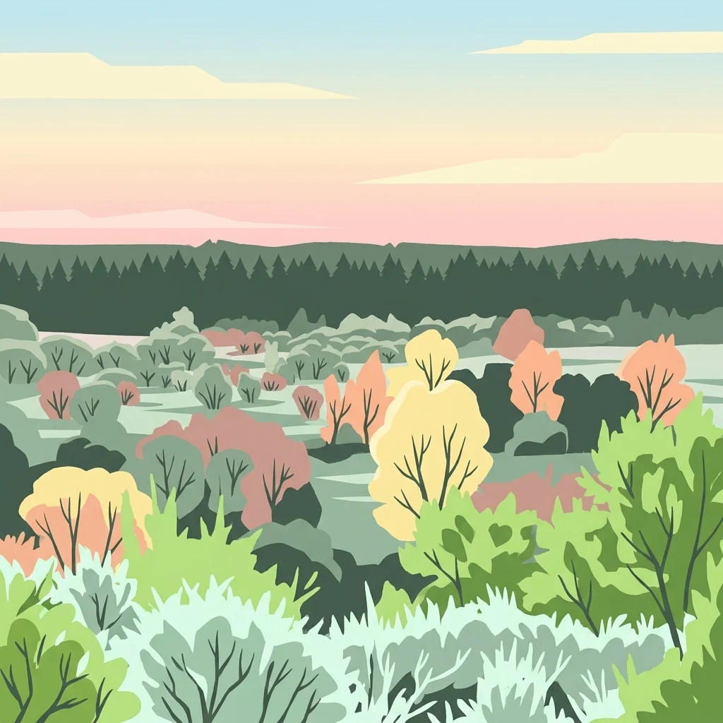 Colorful illustration of autumn trees, a river, and distant forest under a pastel sky