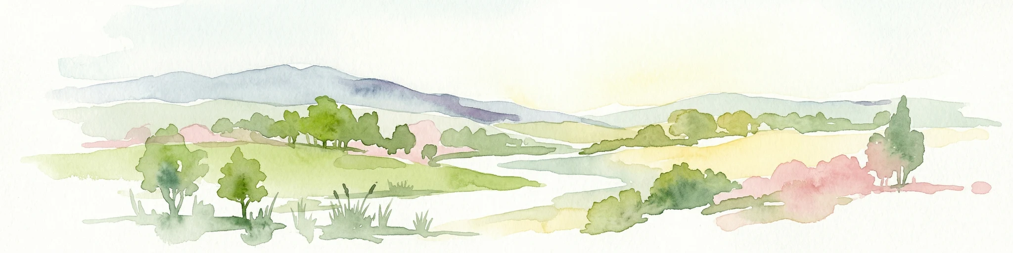 Pintura de acuarela que muestra un río fluyendo a través de un valle con campos verdes, árboles dispersos y cadenas montañosas al fondo