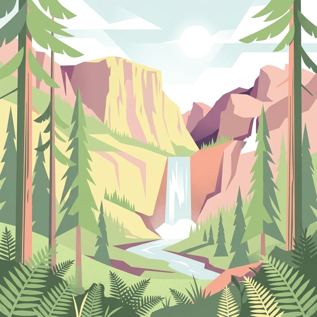 Digital illustration of a scenic mountain landscape with a central waterfall, a flowing stream, evergreen trees, and fern foliage in the foreground.