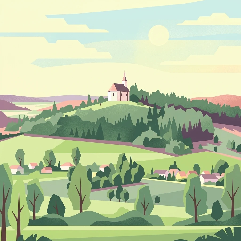 Una representación ilustrativa de una iglesia blanca con una aguja sobre una colina verde cubierta de bosque, con vistas a un pequeño pueblo en el valle.