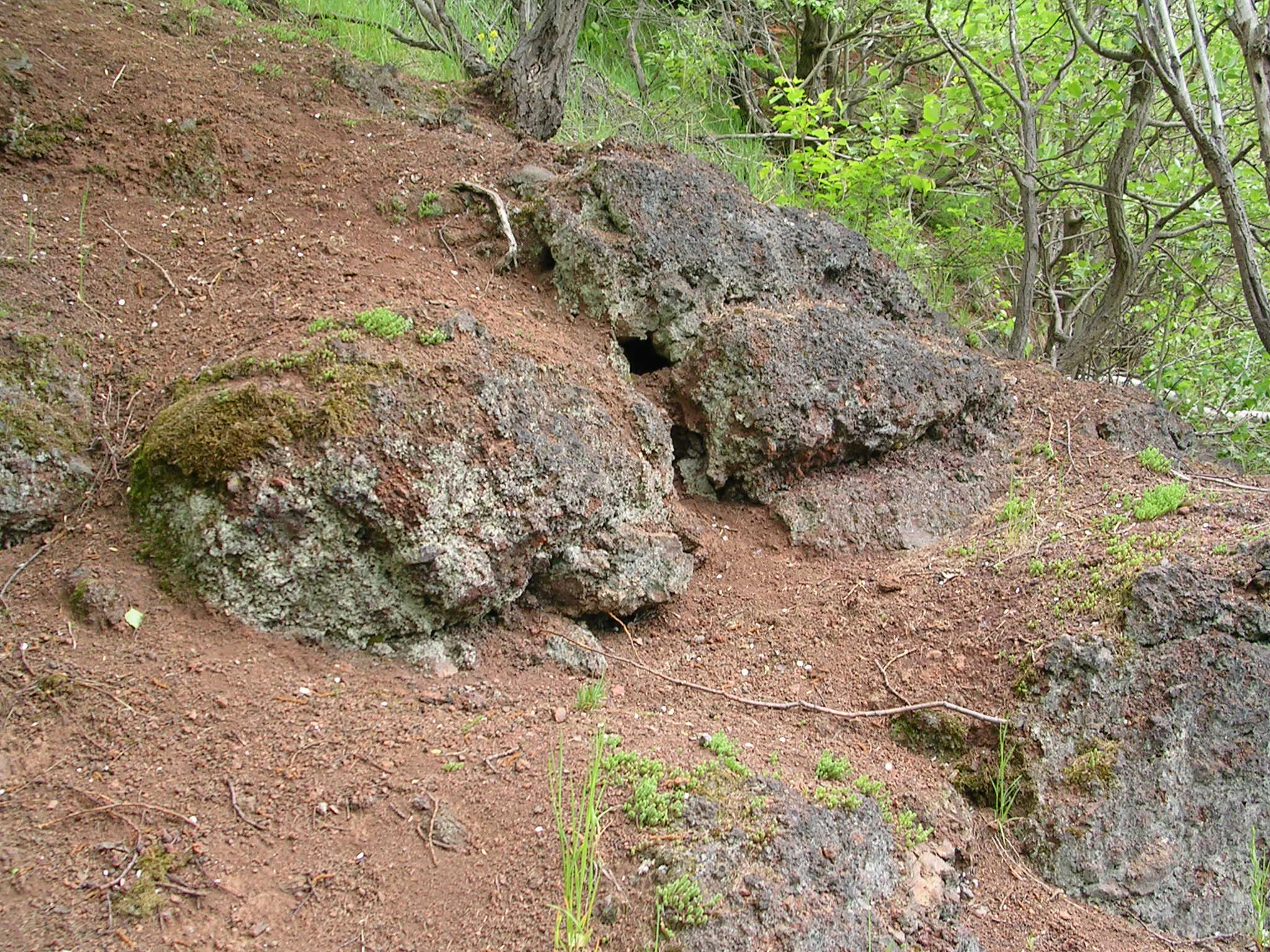 Close up view of volcanic rock formations and reddish-brown soil on a sloped hillside.