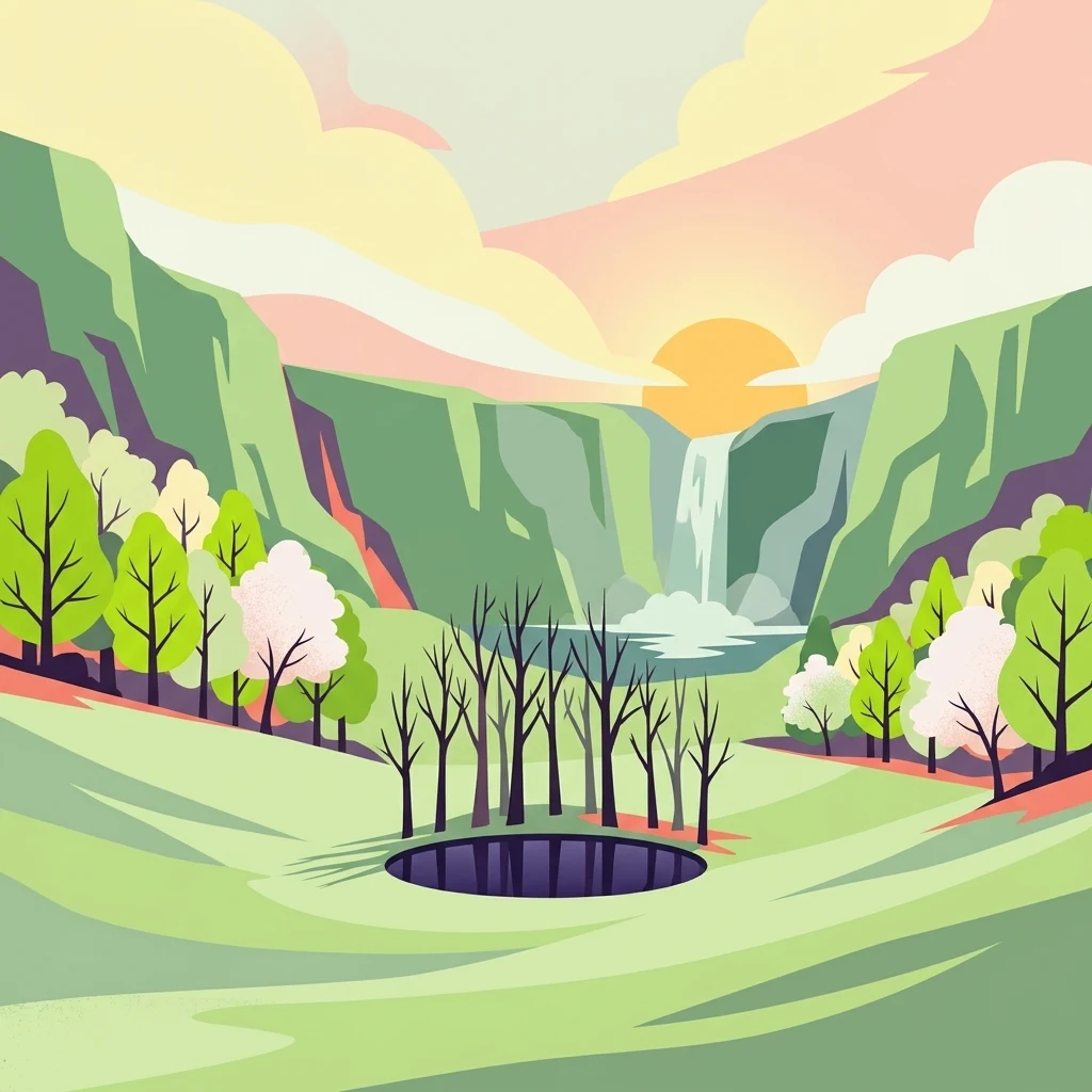 A colorful digital illustration showing a landscape with a small dark pond in the foreground, surrounded by a grove of leafless trees and a green meadow, with a waterfall cascading from a cliff in the background under a sunset sky.
