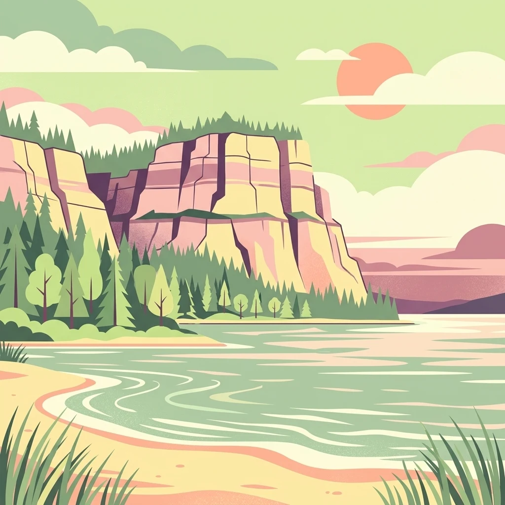 A flat-style vector illustration depicting a coastal landscape with a sandy beach, calm water, and tall cliffs topped with a coniferous forest under a soft, sunset-colored sky.