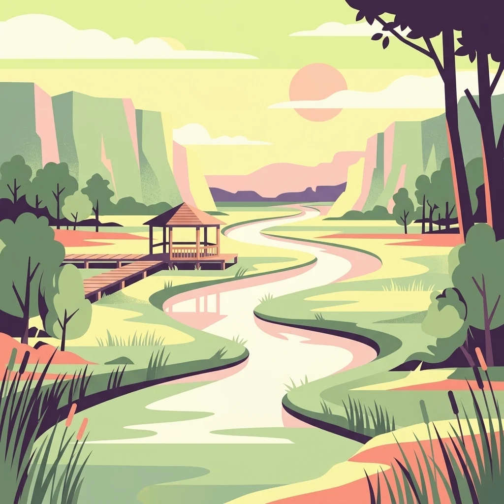 Una ilustración vectorial plana de un río serpenteante que fluye por un paisaje pantanoso al atardecer, con un cenador de madera y un embarcadero a la izquierda, orillas cubiertas de hierba y árboles bajo un cielo pastel.