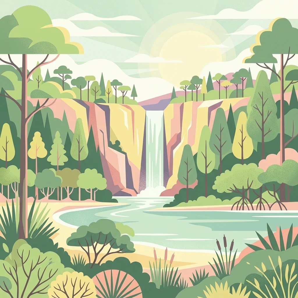 Una vibrante ilustración digital de estilo plano que muestra una cascada que cae por un acantilado hacia un río rodeado de árboles, manglares y vegetación exuberante bajo un sol suave.