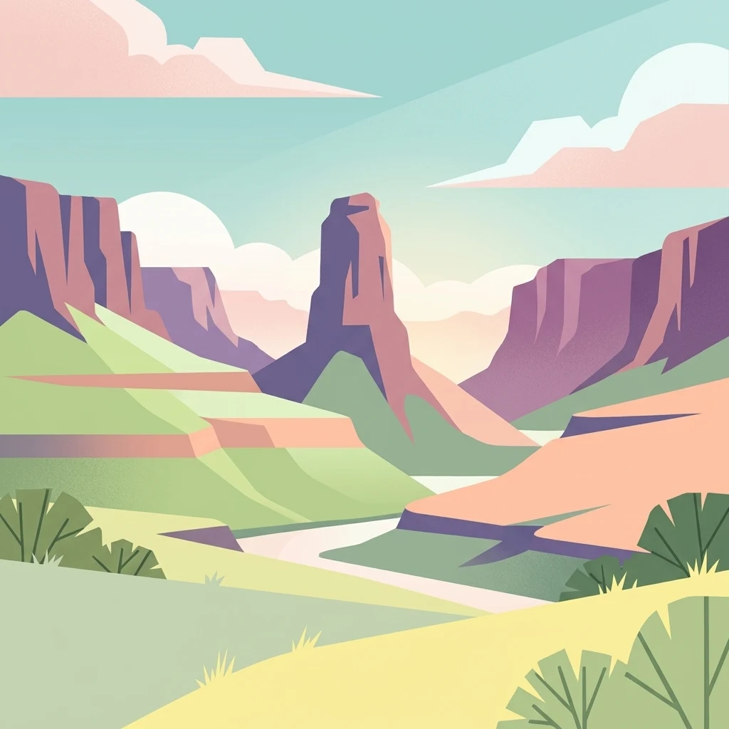 A minimalist flat illustration of a canyon landscape with a winding river, steep rock formations, and arid vegetation under a soft sky.