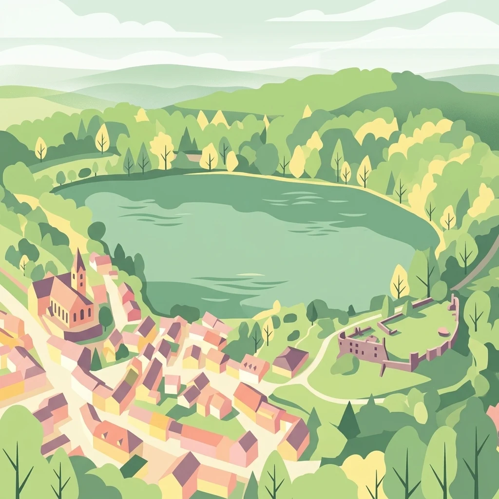 Una ilustración de estilo plano que representa el lago de cráter circular Ulmener Maar rodeado de árboles, con una localidad que contiene una iglesia prominente y las ruinas de un castillo situadas en sus orillas.