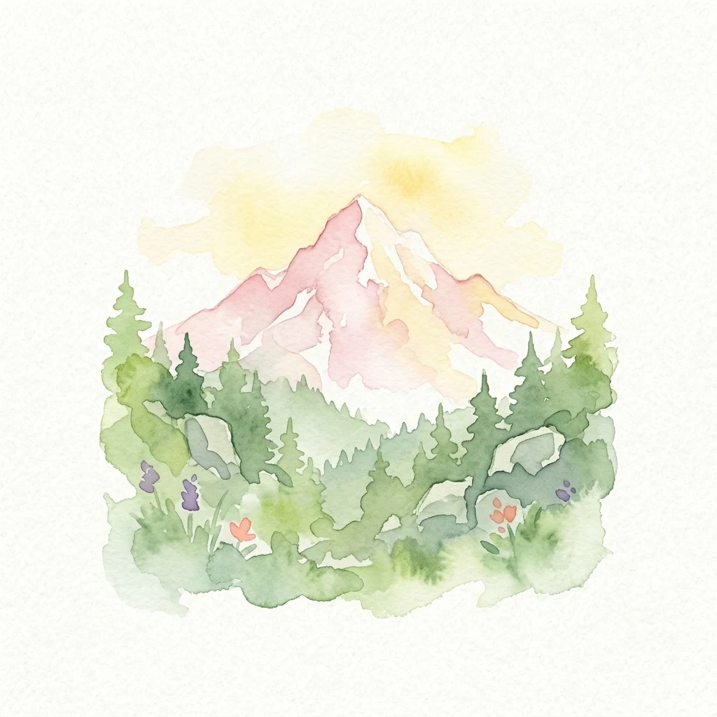 Watercolor painting showing a mountain peak, evergreen trees, and wildflowers under a soft yellow sky