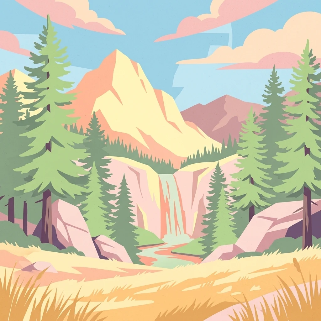 Ilustración estilizada de un paisaje montañoso con una cascada, bosque y terreno rocoso bajo un cielo azul