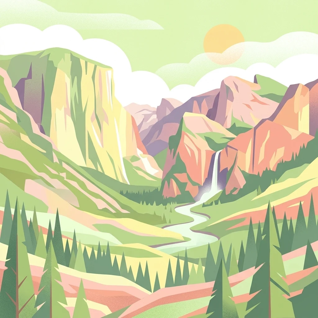 Ilustración digital estilizada que muestra un valle con montañas, una pequeña cascada y árboles coníferos en una paleta de colores pastel.