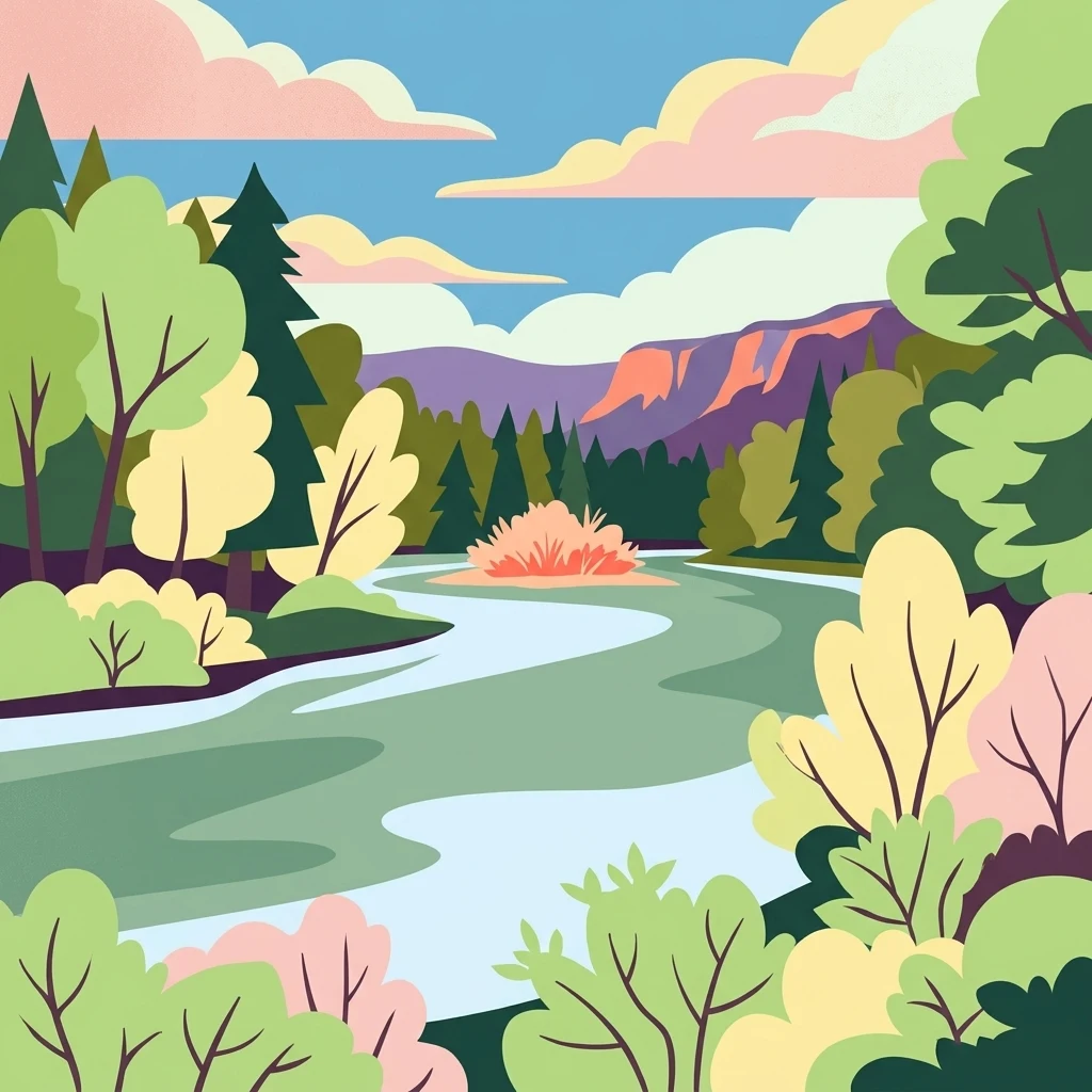 Una ilustración en un estilo gráfico plano que representa un río serpenteando a través de un valle rodeado de densos bosques, arbustos y colinas lejanas bajo un cielo de colores pastel.