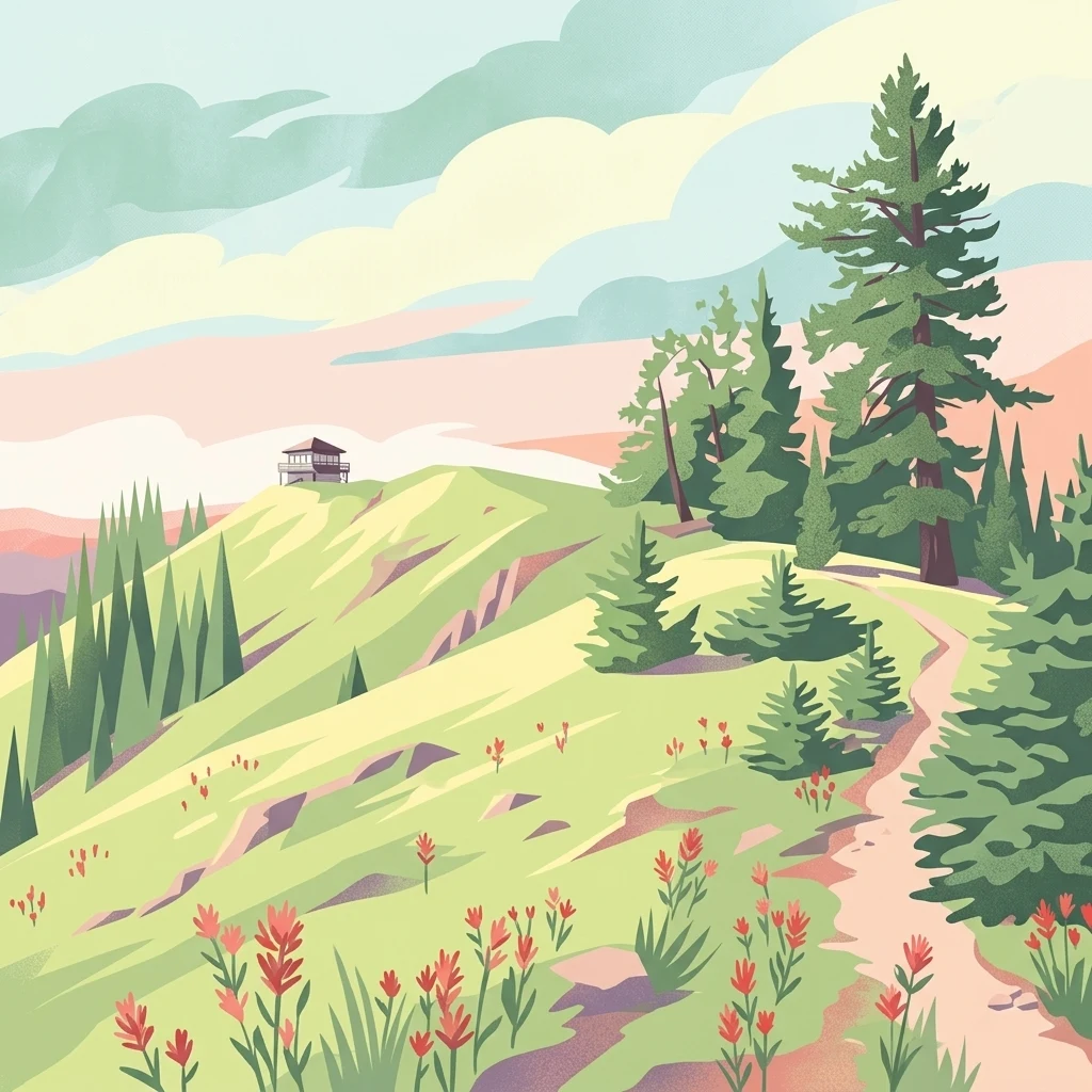 An illustration depicting a dirt path winding through a meadow with red wildflowers towards a fire lookout tower on a green ridgeline, surrounded by evergreen trees.