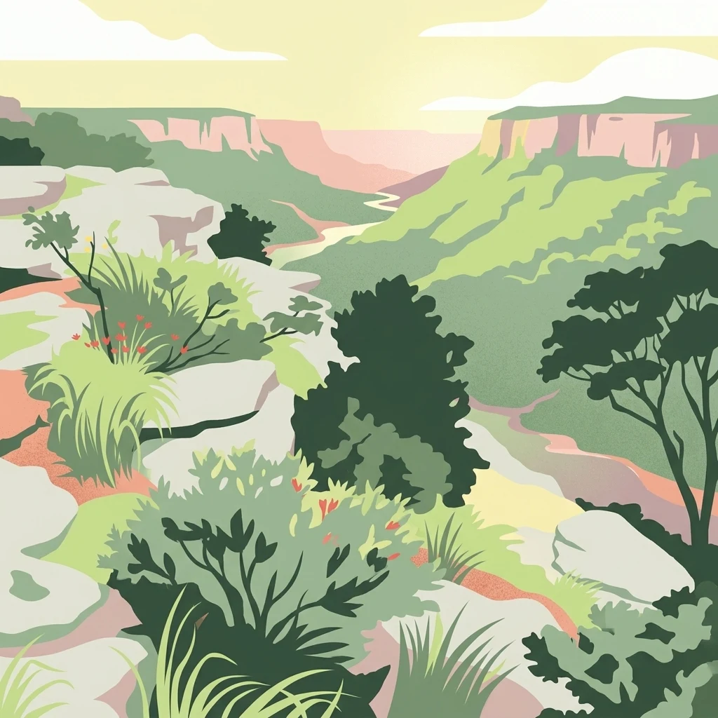 Una ilustración digital estilizada de un profundo desfiladero fluvial con acantilados rocosos, vegetación forestal costera y un río serpenteante al atardecer.