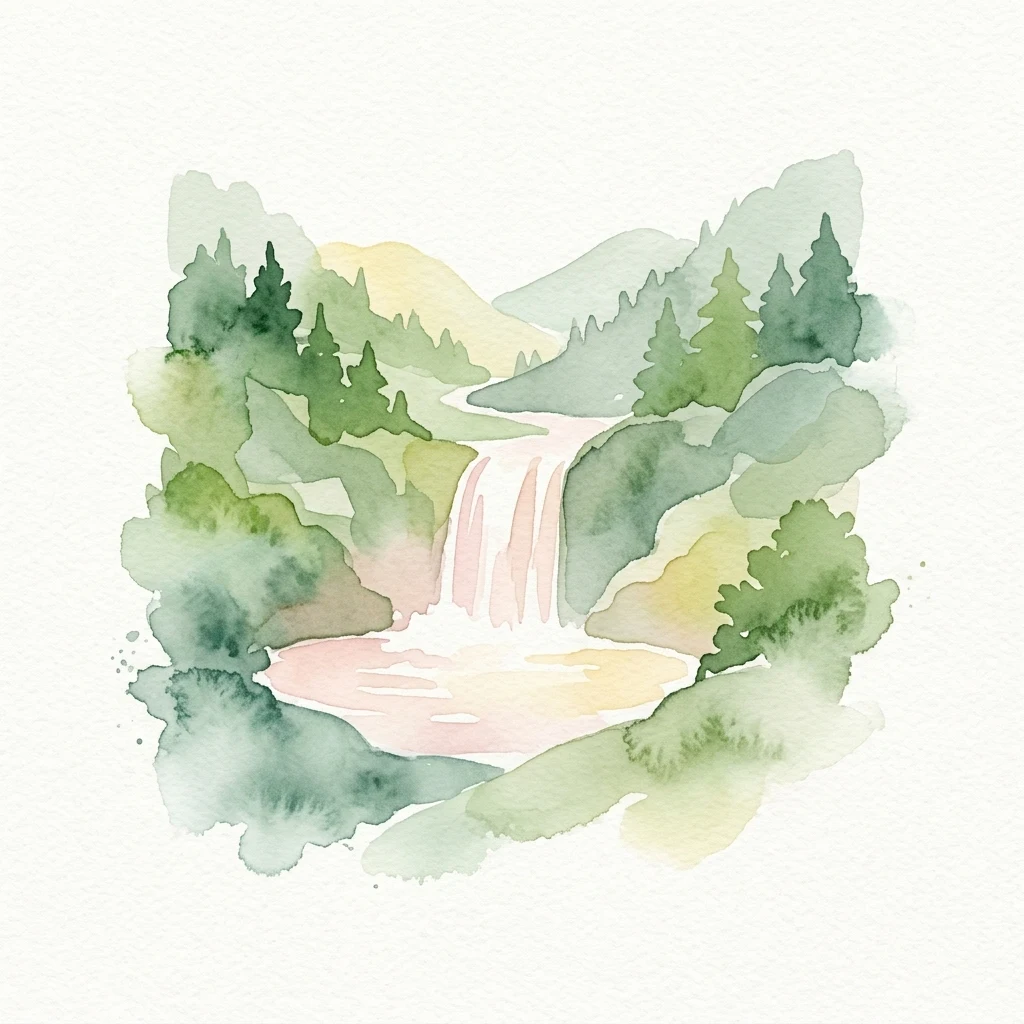 Watercolor painting of a waterfall with green trees and mountains