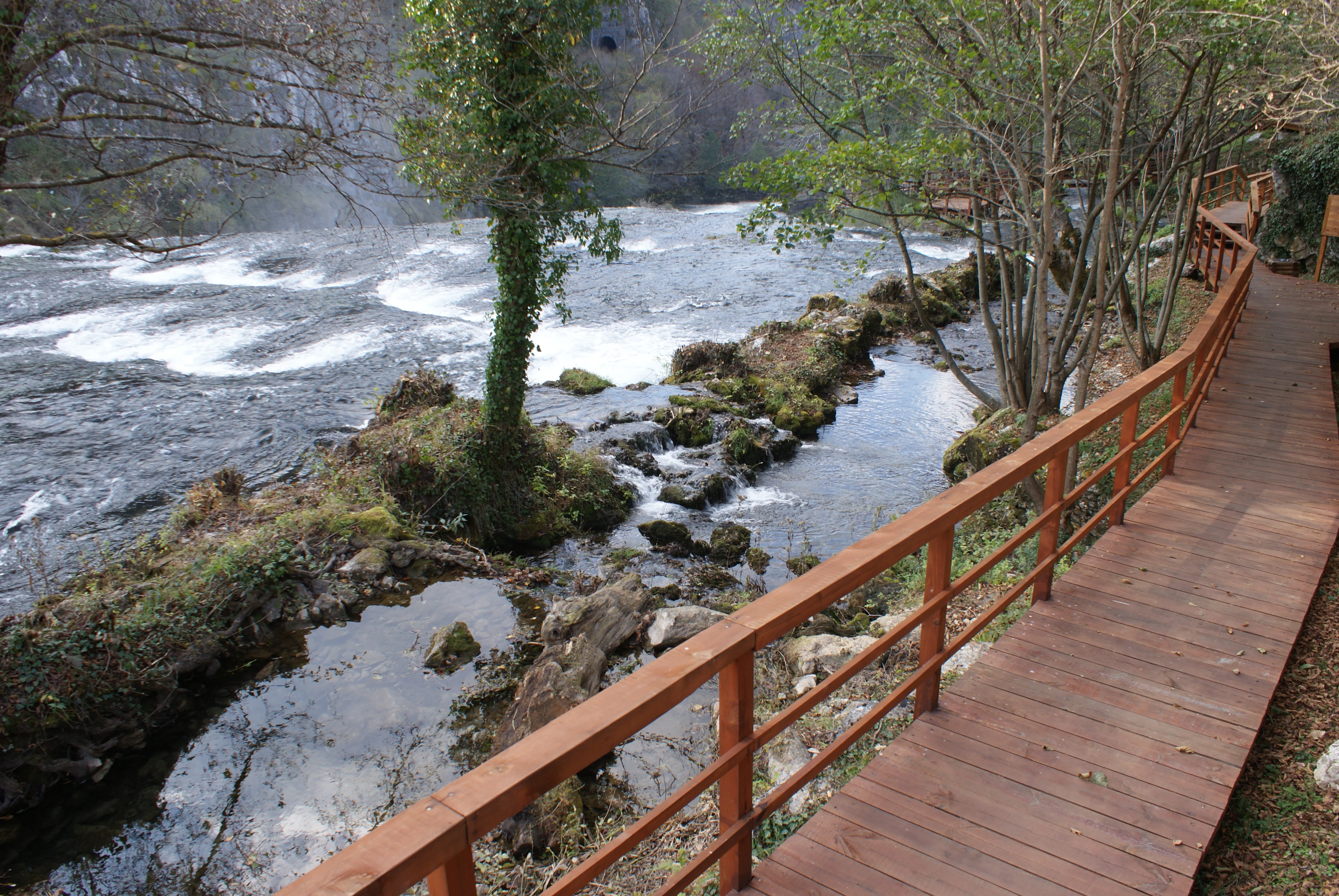 Wooden boardwalk with railings next to a river with flowing water and rocky banks, surrounded by trees and vegetation