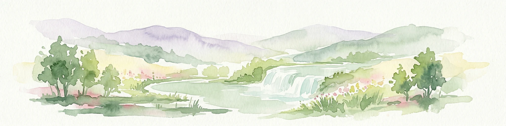 Ilustración de acuarela que muestra montañas, un río, una cascada, árboles y flores.