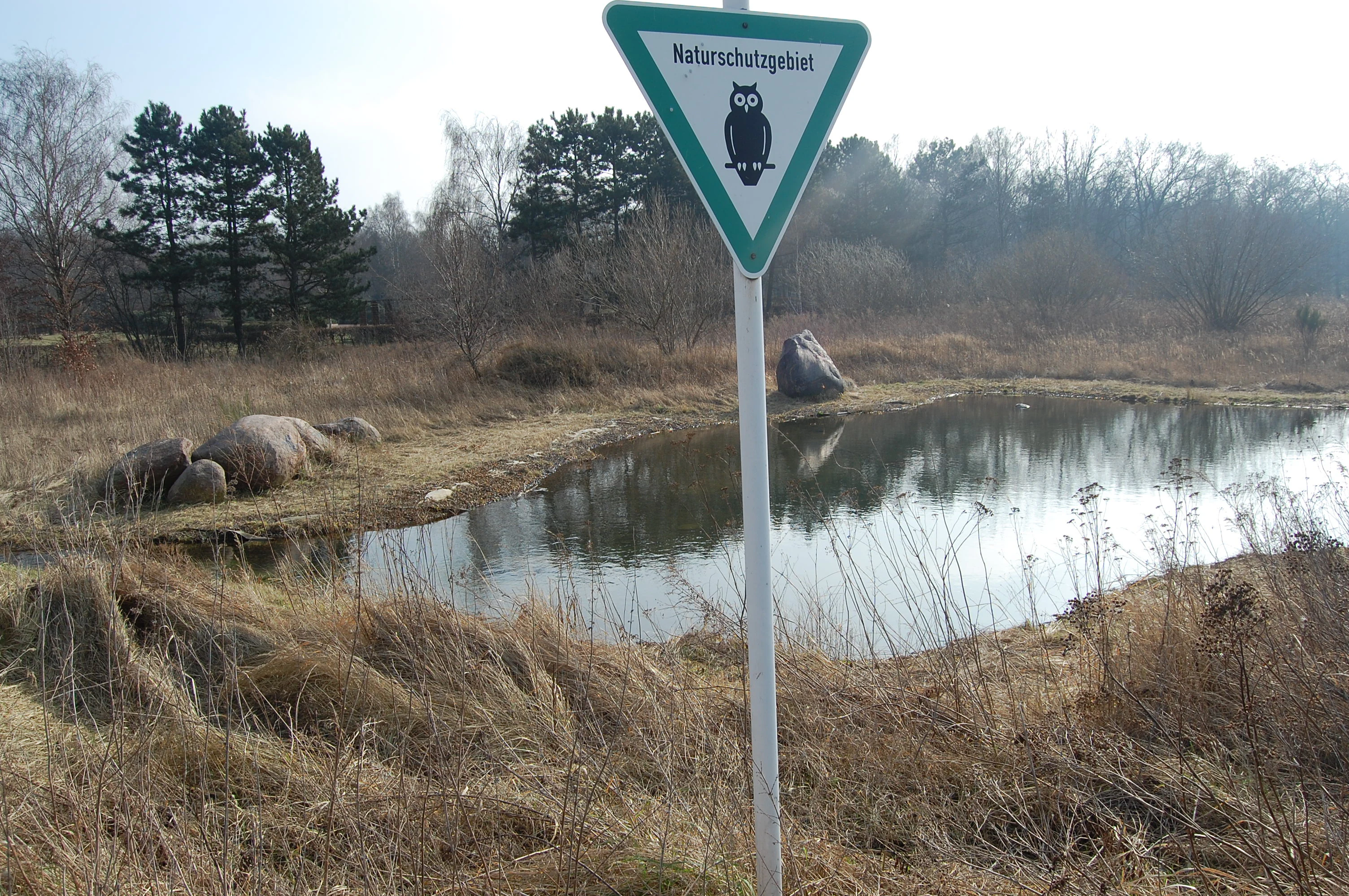 A triangular Naturschutzgebiet sign featuring an owl symbol, standing in front of a small pond surrounded by dry grasses and trees.