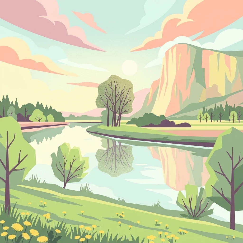 A flat-style digital illustration of a calm river winding through a grassy meadow, surrounded by sparse trees and rounded hills under a pastel sky.
