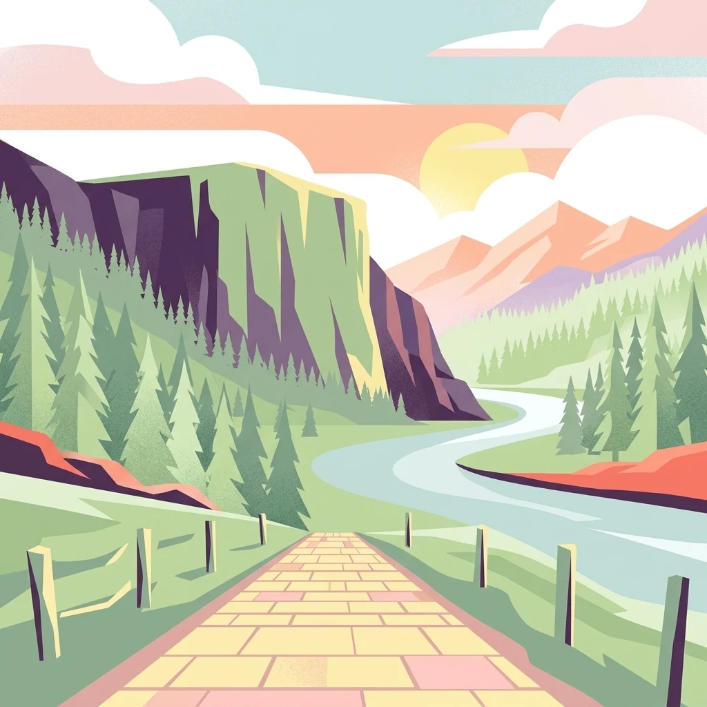 A vibrant, flat-style digital illustration showing a cobblestone path leading toward a winding river through a valley with pine trees and mountains under a soft sun.