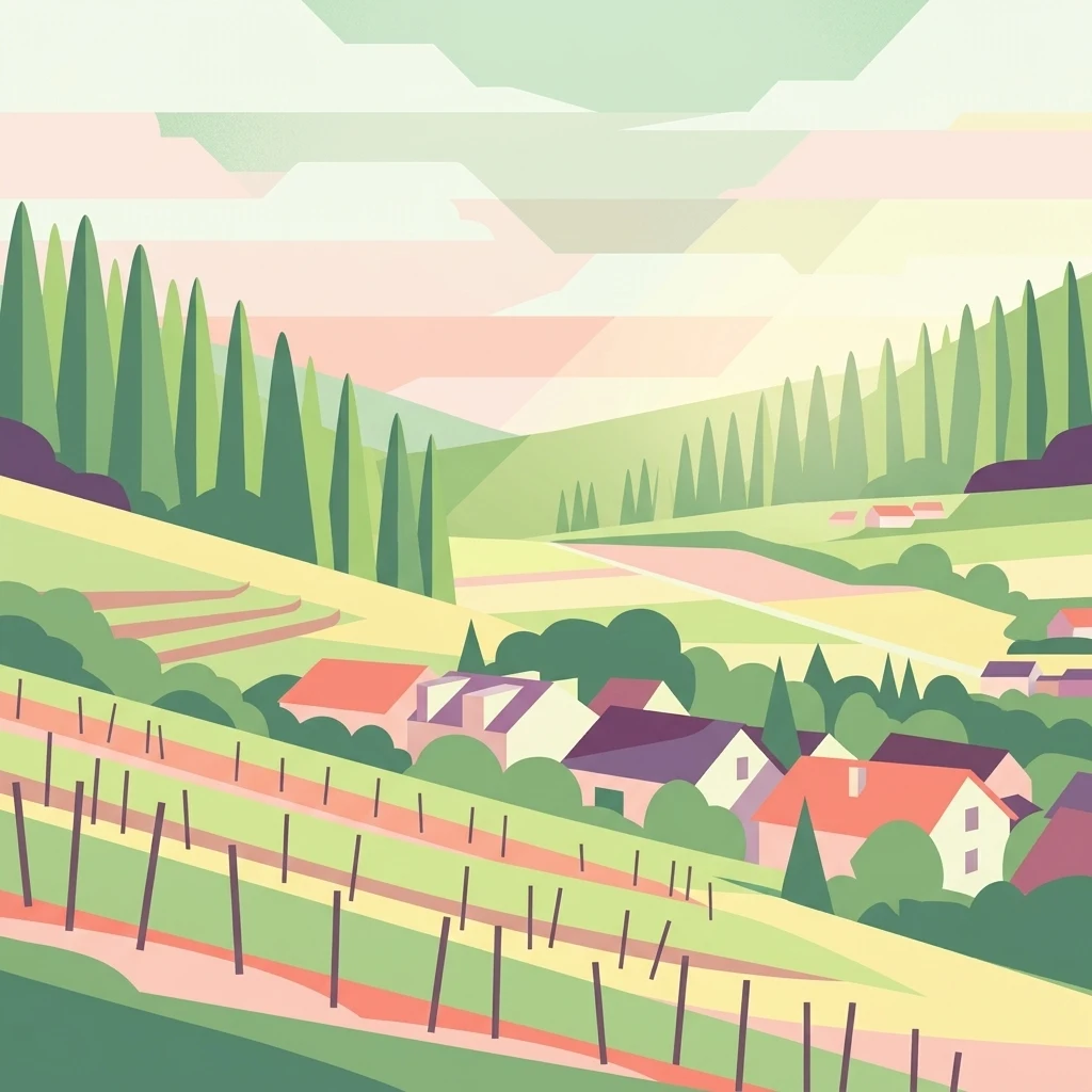 Una ilustración digital de un valle con hileras de vides, colinas onduladas, árboles de hoja perenne y un pequeño pueblo en la distancia, representada en un estilo artístico geométrico simplificado con suaves tonos pastel.