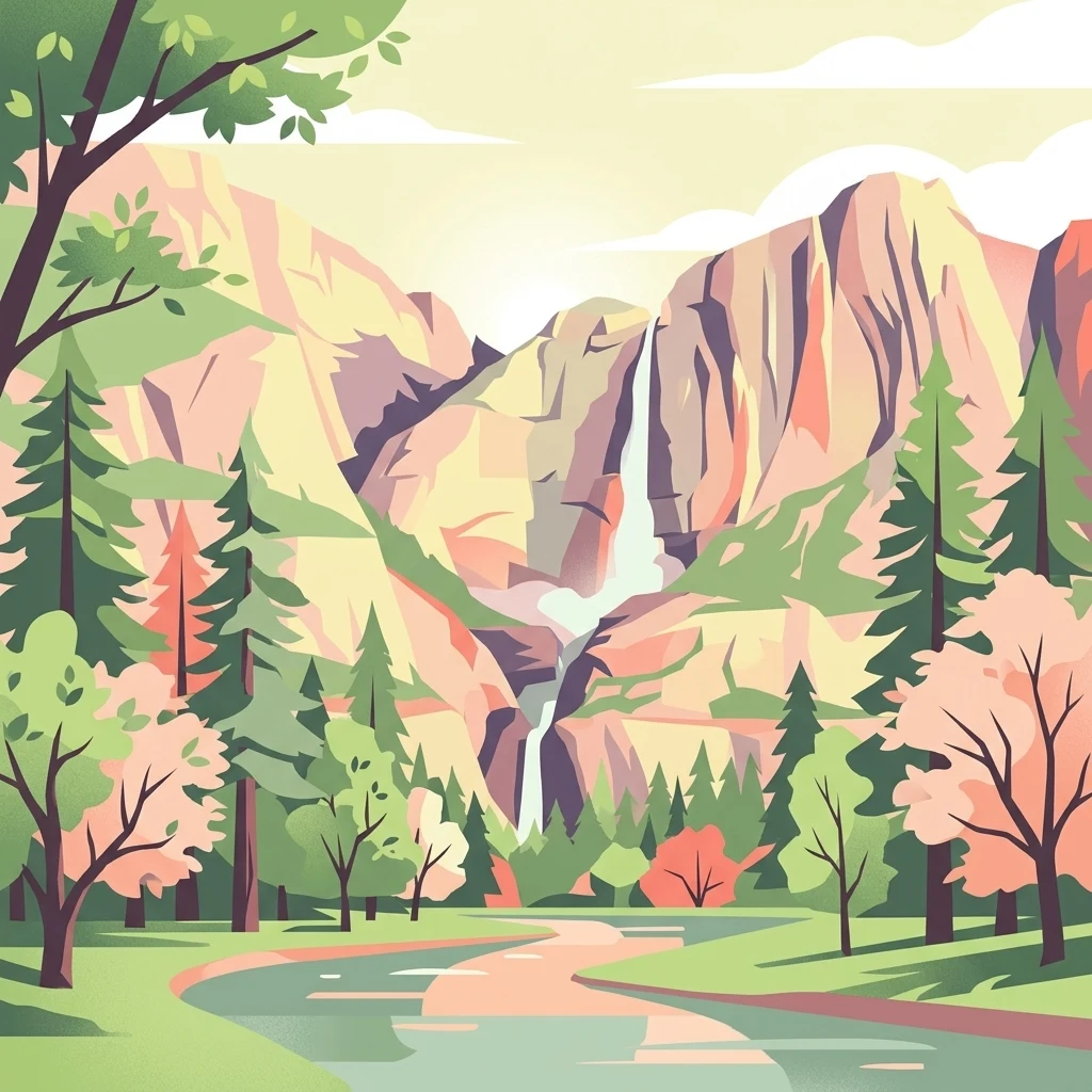 A flat, vector-style illustration of a dramatic mountain valley featuring a prominent cascading waterfall, evergreen trees in the foreground, and colorful deciduous trees along a winding river.
