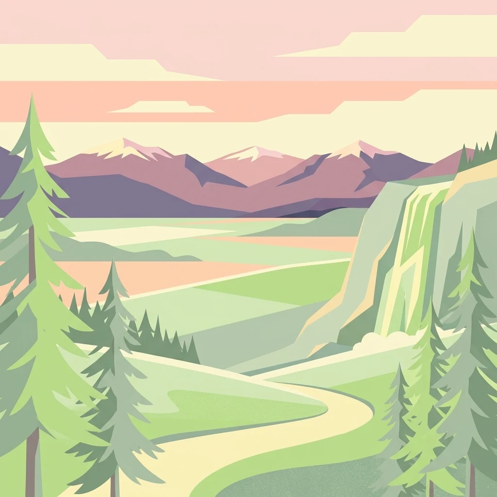 Una ilustración digital estilizada de un paisaje con árboles de hoja perenne en primer plano, colinas verdes onduladas, un sendero serpenteante y montañas nevadas a lo lejos bajo un cielo pastel suave.