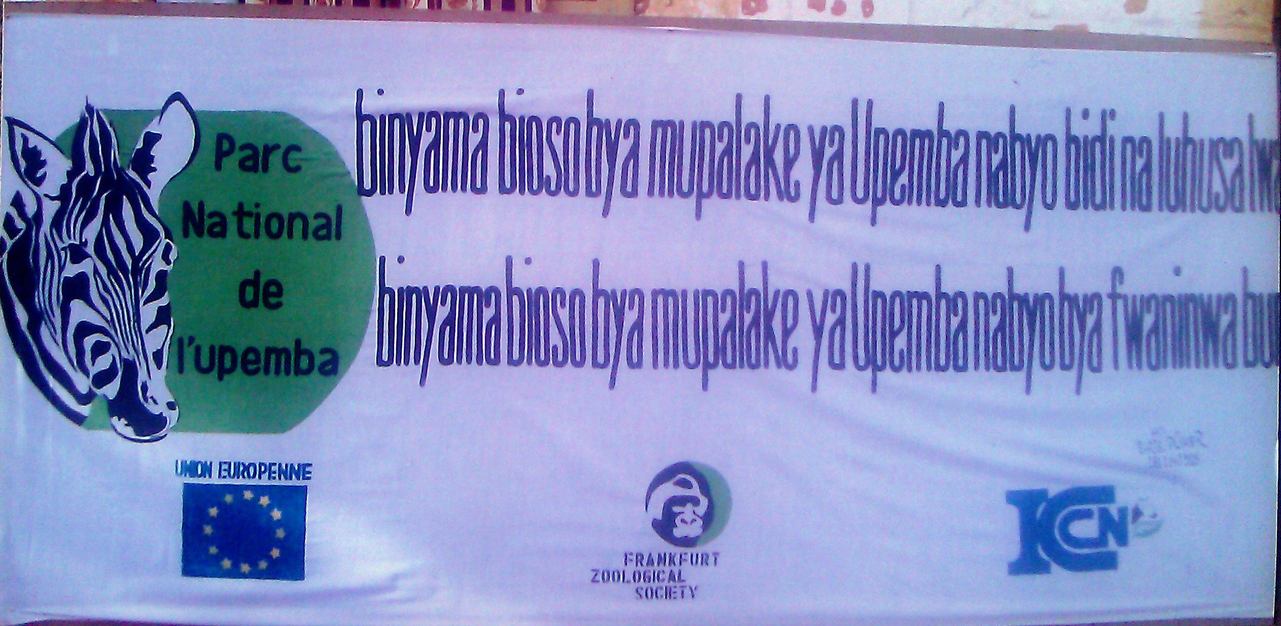 Banner blanco con el texto 'Parc National de l'Upemba' y logo de cebra, mostrando texto en varios idiomas y logotipos de organizaciones, incluidos la UE y la KCN
