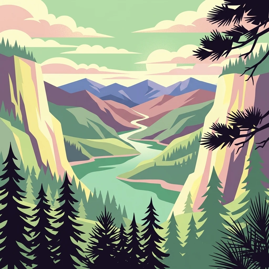 Stylized vector illustration of a river winding through a valley between steep, tree-covered cliffs and distant mountains, framed by silhouetted pine tree branches in the foreground.