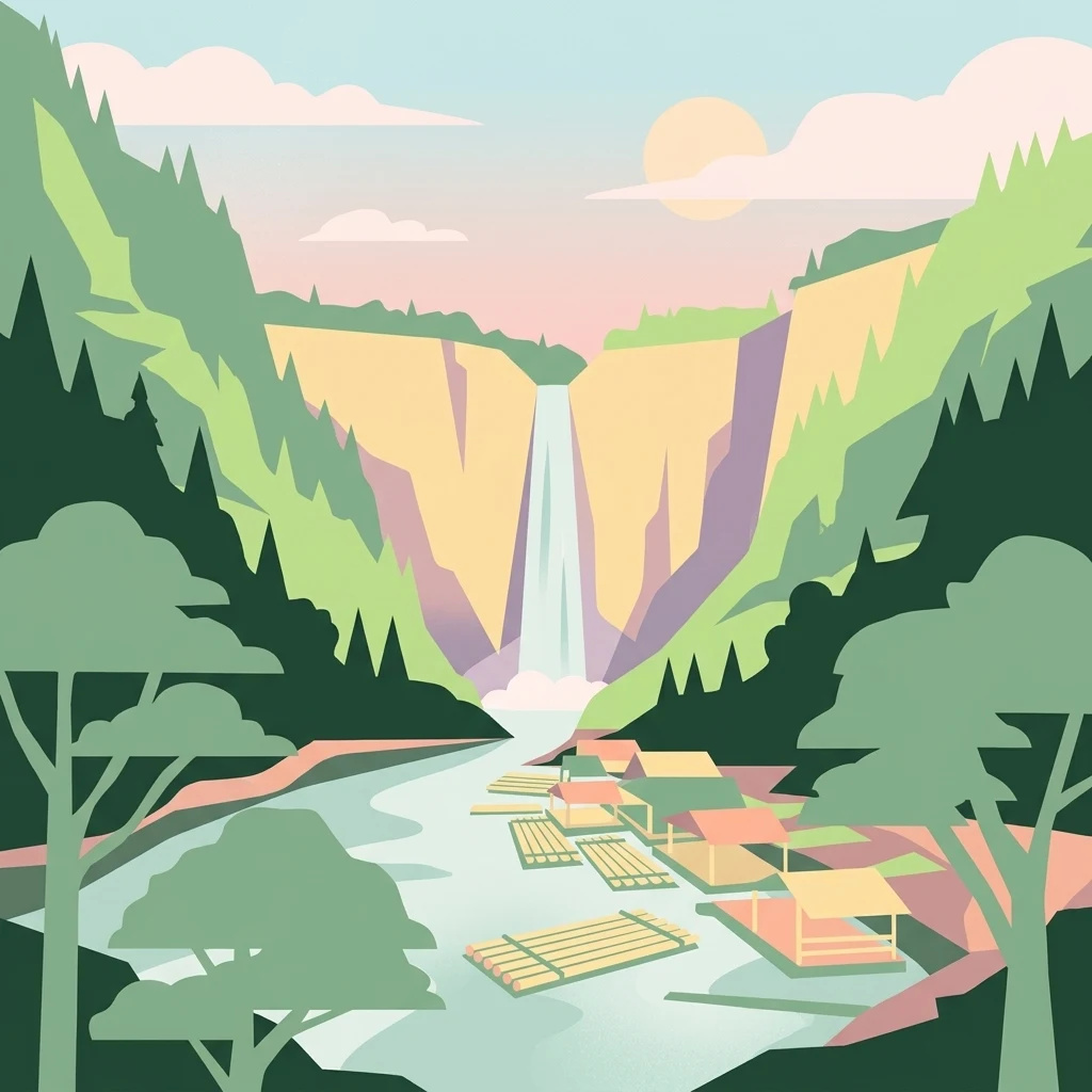 Digital illustration of a waterfall between steep hills with floating bamboo rafts on the river below.