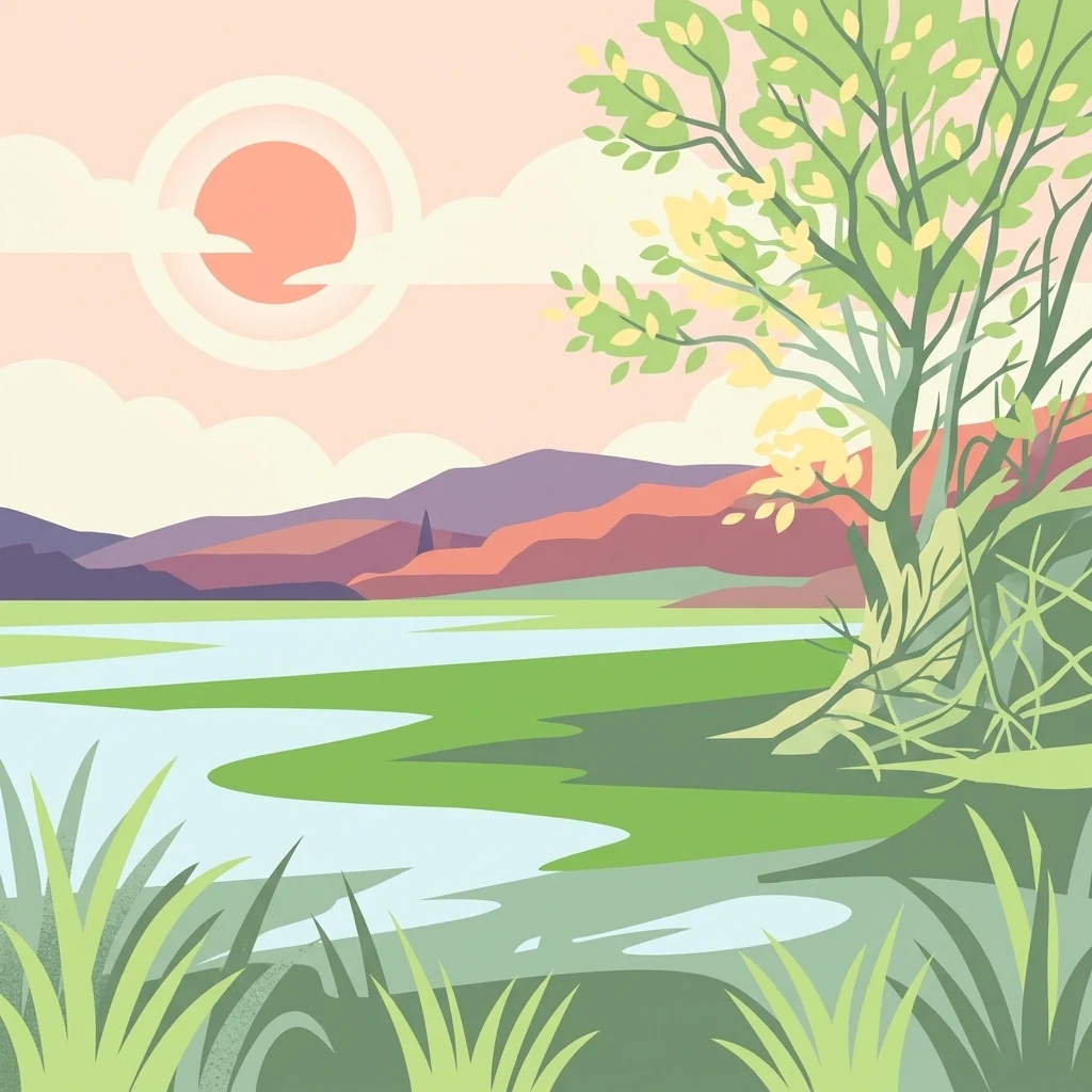 A flat-style digital illustration of a wetland scene with a tree in the foreground, water, and rolling hills in the background under a sunset.