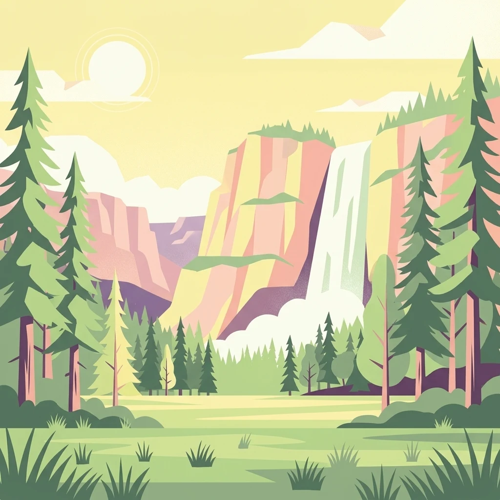 A flat vector illustration of a mountain range with a waterfall flowing down a cliff face, surrounded by pine trees in the foreground and a meadow.