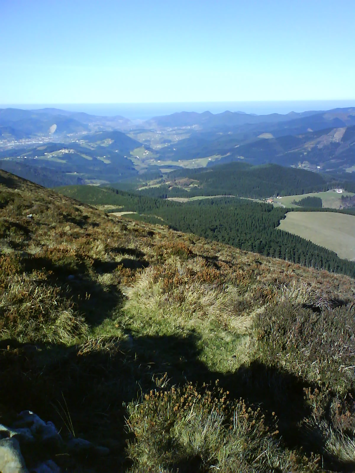 A wide angle mountain landscape view looking down over a valley, green hills, and forested slopes towards the distant coast.