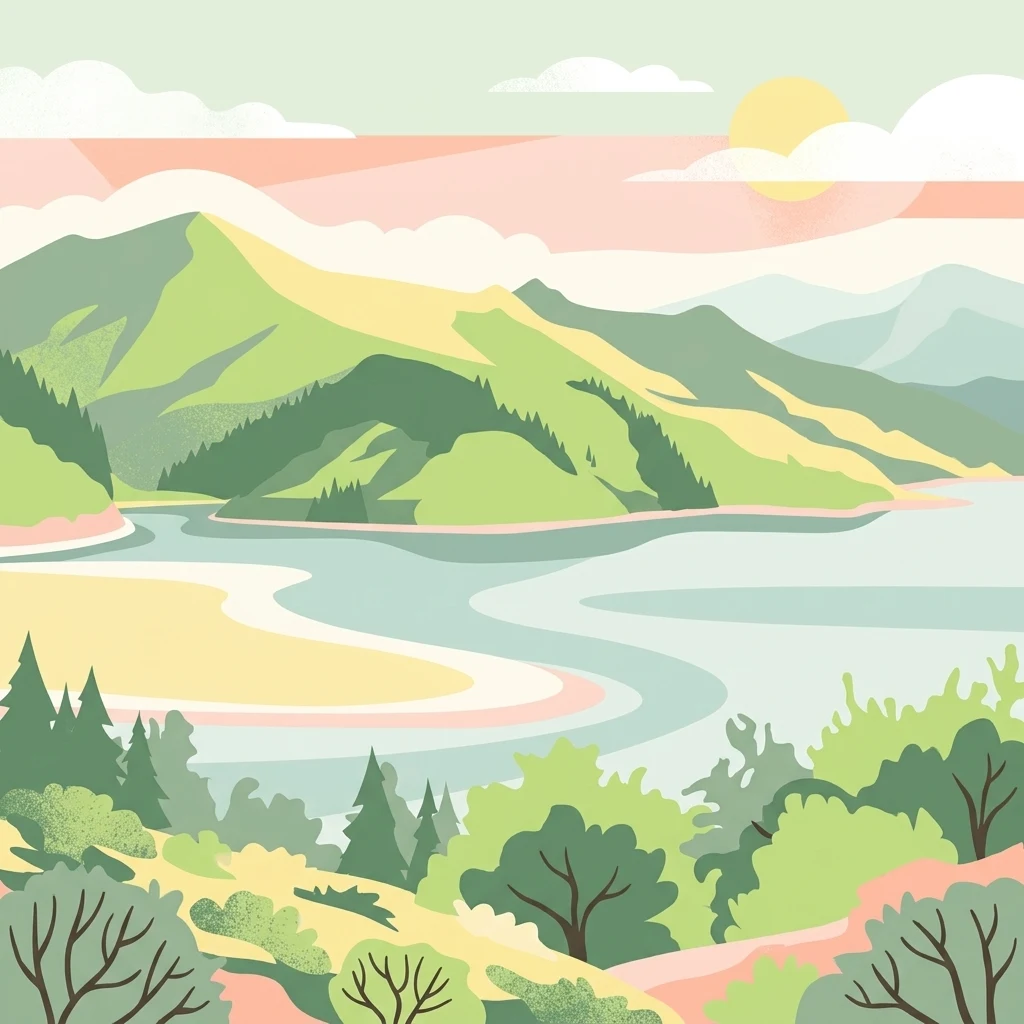 A minimalist, flat-color digital illustration depicting an estuary winding between green hills under a soft sun.