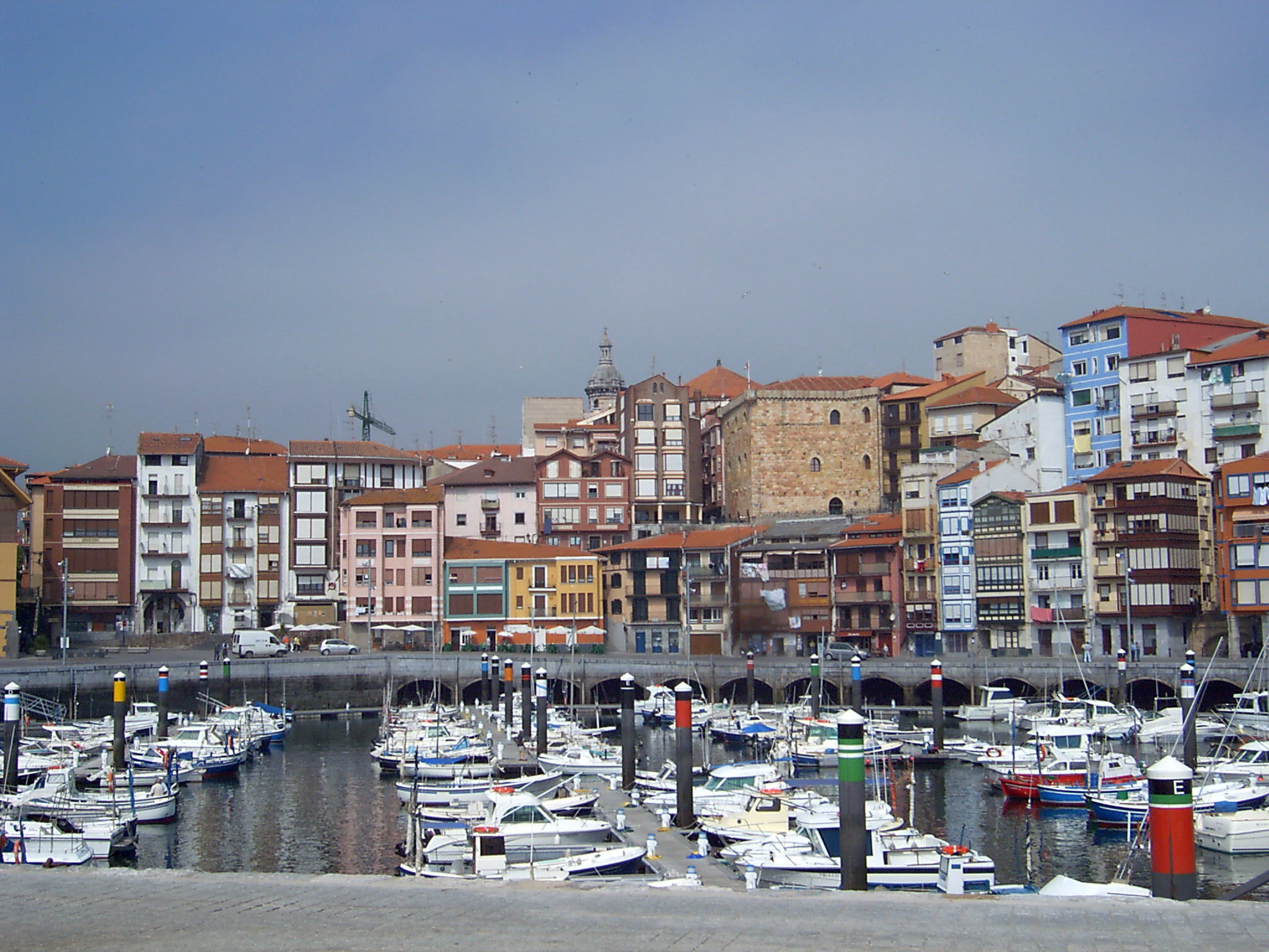 A wide view of the old port of Bermeo, featuring a dense cluster of colorful traditional buildings overlooking a harbor filled with small fishing boats and pleasure craft under an overcast sky.