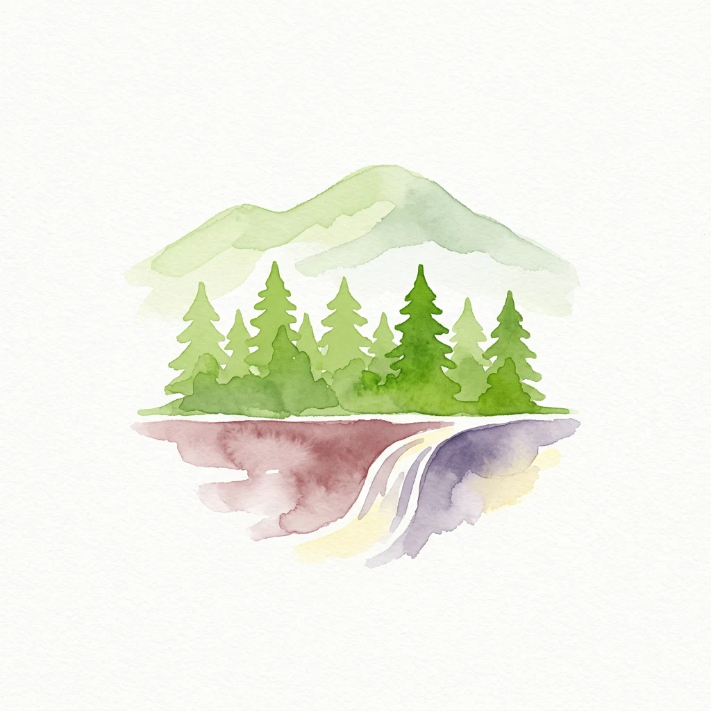 Pintura de acuarela que muestra árboles coníferos verdes, una cordillera, una masa de agua con reflejos y una cascada