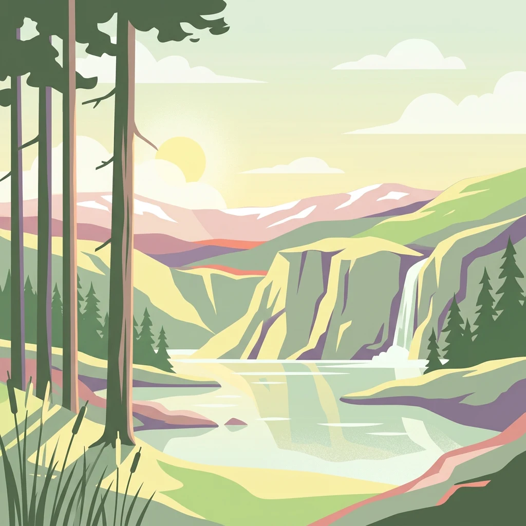 Ilustración estilizada de un paisaje con cascada, lago, montañas, árboles de coníferas y un sol poniente bajo un cielo parcialmente nublado