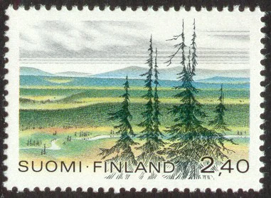 Finnish postage stamp showing pine trees, rolling hills, a river, and mountains with 'SUOMI · FINLAND 2.40' text