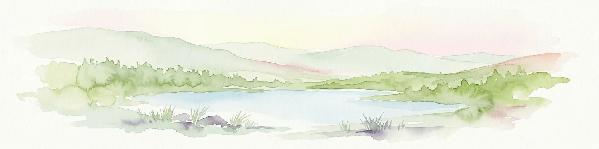 Pintura de acuarela de un lago rodeado de colinas y vegetación