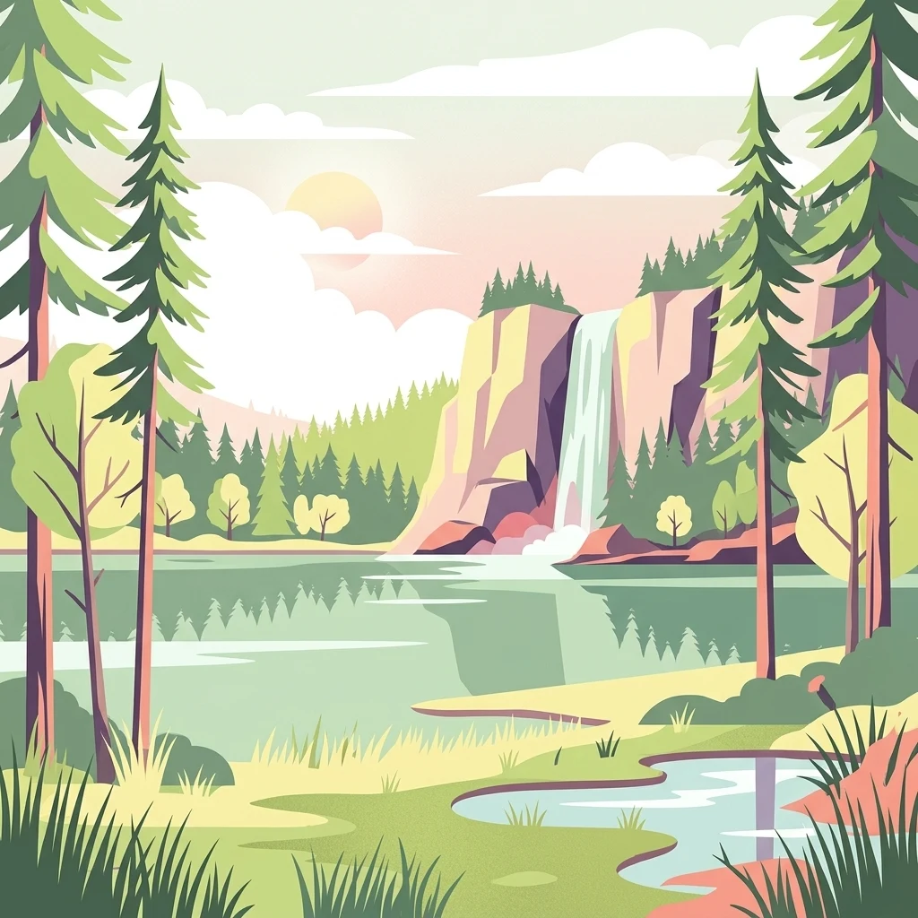 A flat vector illustration showing a tranquil landscape with a waterfall cascading into a lake, surrounded by pine trees, tall grasses, and a soft sunset sky.